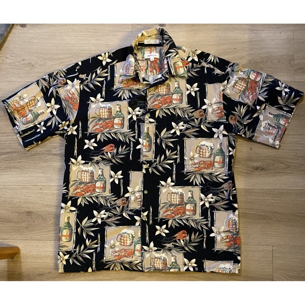 Vintage Pierre Cardin Mens L Hawaiian Shirt Tropical Cotton Floral Beer Lobster